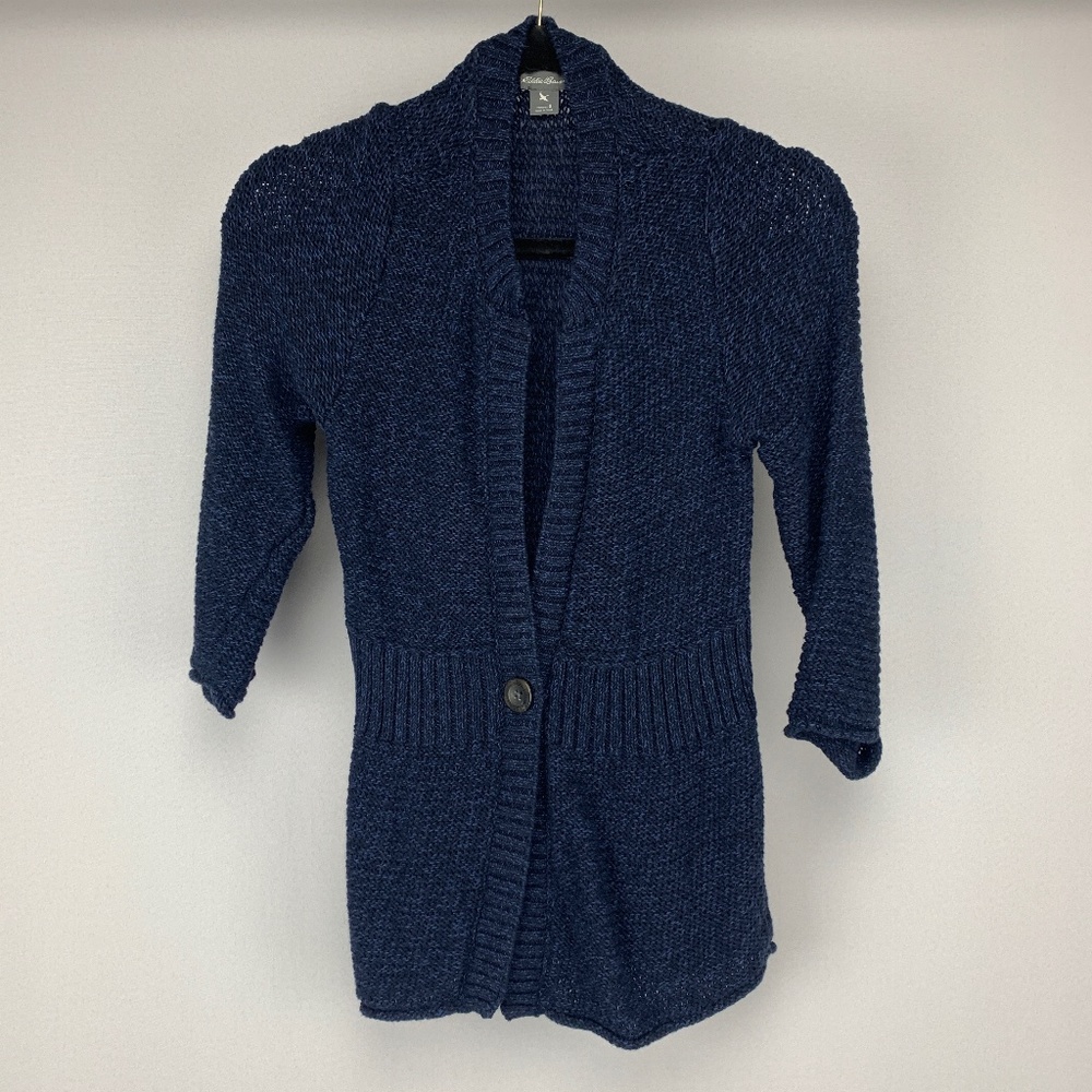 EDDIE BAUER Navy Blue Knit Button Front 3/4 Sleeve Sweater Cardigan Small